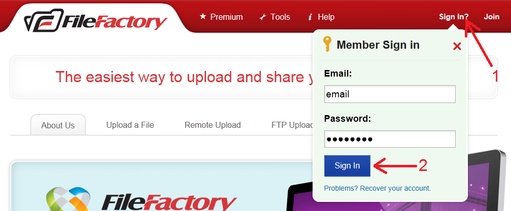 Login on FileFactory site